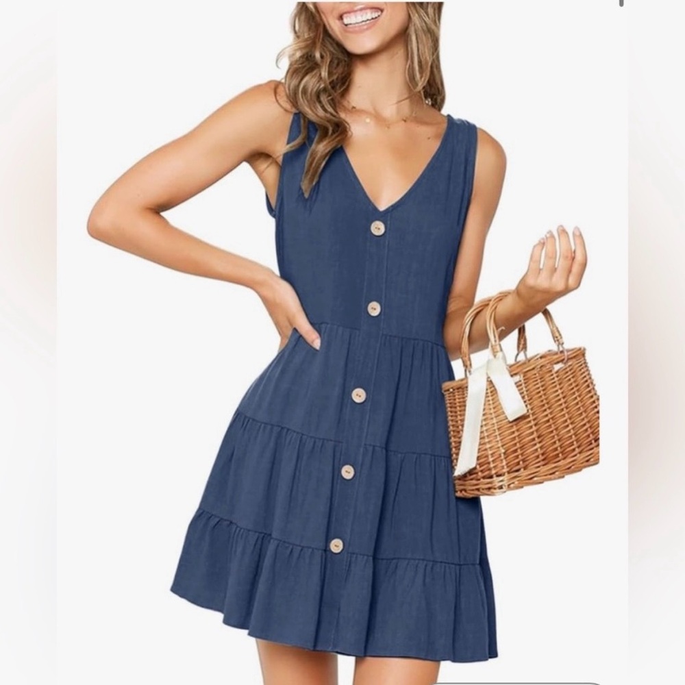 🦋MITILLY Blue Sleeveless V Neck Button Down A-Line Swing Short Dress - Size M